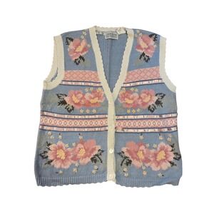 Vintage 80s Floral Sweater Vest • Cottagecore, Grandmacore, Ribbon Detail Sz XL